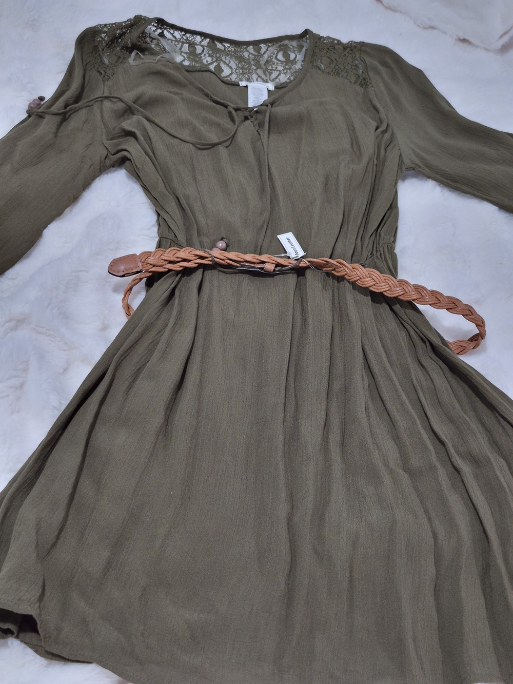 Self Esteem Olive Green Long Sleeve Dress with Tan Braided Belt